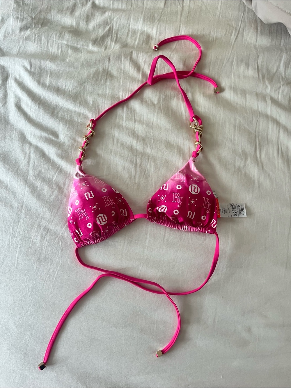 River Island Hot Pink Logo Print Triangle Bikini Top with Gold Chain Detail